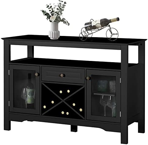 Yokstore Buffet Sideboard Cabinet, Bar Storage Cabinet with Wine Rack Open Shelf, Cupboard Table for Home Kitchen Dinning Room, Wooden Console 2 & Glass Doors, 1 Drawer, Black 45.7 x 15.7 32.3