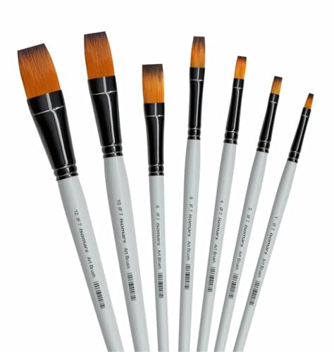 Image of Isomars Professional Flat Paint Brush Set of 7 - Synthetic Bristle Brushes for Acrylic, Watercolor, Oil, Gouache & Craft Painting | Premium Artist Brushes for Canvas, DIY Art & Mixed Media