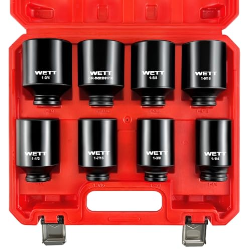 Image of WETT 1 /2 inch Drive Deep Large Impact Socket Set, 8-Piece Spindle Axle Nut Large Sockets Set, Standard SAE 6 Point Wheel Wrench Sockets, CR-V Steel, (1-1 /4-Inch-1-3 /4-Inch)