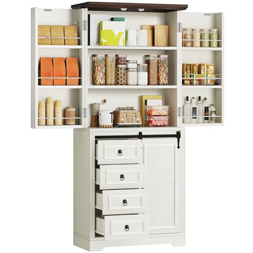 DWVO 71" Kitchen Pantry Storage Cabinet with Barn Doors, Tall Kitchen Cabinets with 4 Drawers and Adjustable Shelves, Versatile Storage for Living Room, Dining Room or Hallway,White Walnut