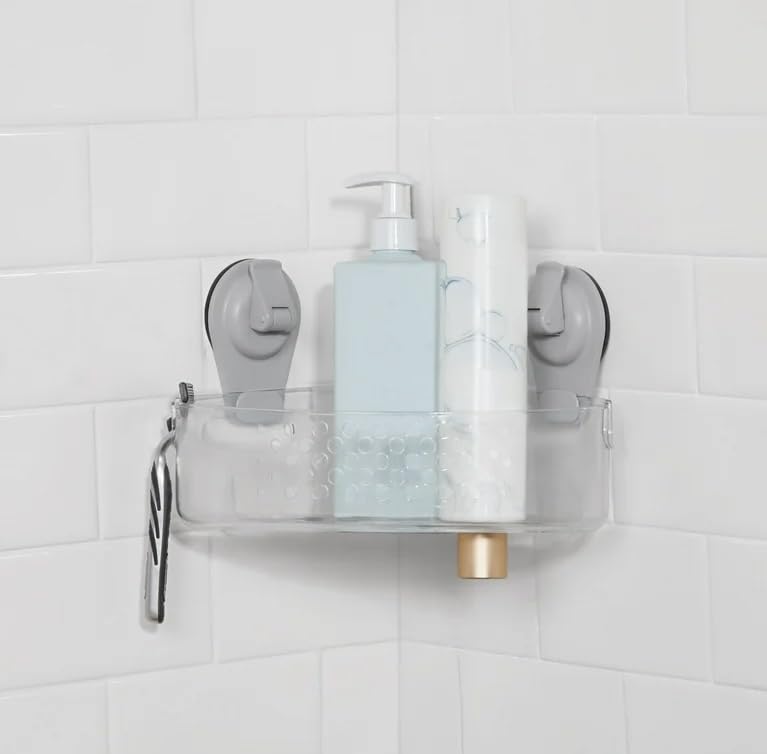 Clear Acrylic Bathroom Shower Caddy No Tooks Necessary Storage Shelf with Suction Cups Gray Holders