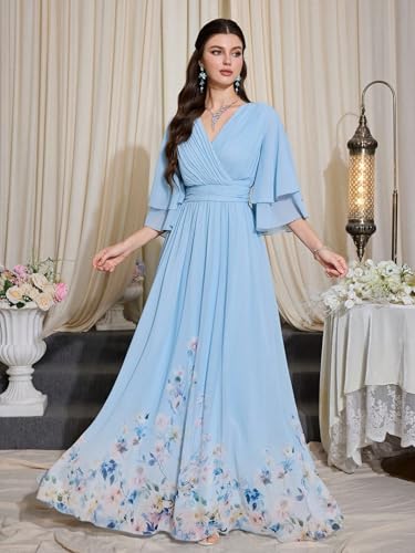 Image of TOLEEN Summer Casual Dresses for Women 2024 Spring Fashion Boho V Neck Long Sleeve Ruffle Floral Print Elegant Maxi Dress