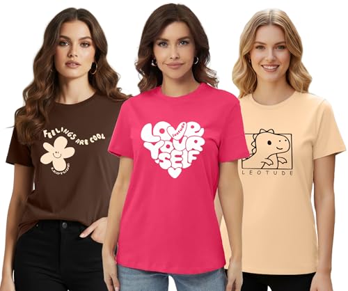 Image of LEOTUDE Half Sleeve Loose Fit Graphic Printed Round Neck Trendy and Stylish T-Shirt Combo Tops for Women (Pink-Brown, S)