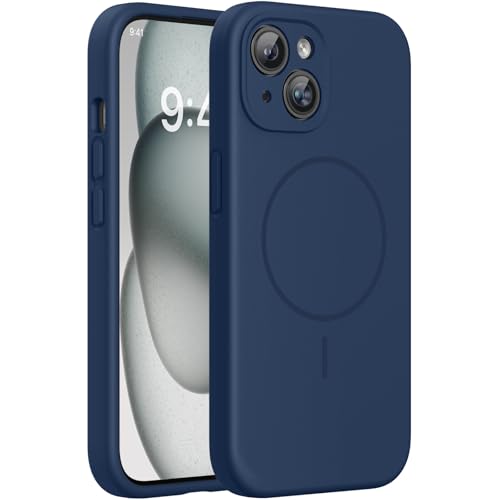 Image of Miracase Magnetic for iPhone 15 Plus Case, [Soft Anti-Scratch Microfiber Lining], Compatible with MagSafe, Liquid Silicone Shockproof Drop Protection Phone Case for 15 Plus, Dark Blue