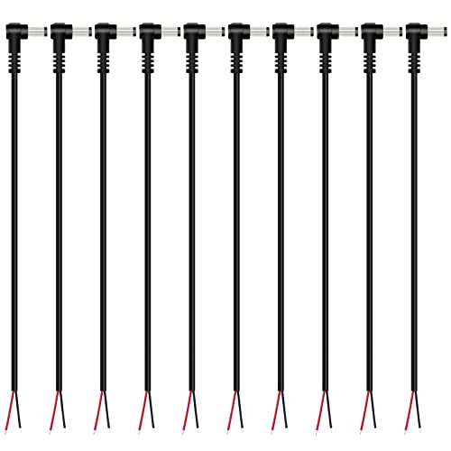 Fancasee (10 Pack) Replacement 5.5mm x 2.1mm 90 Degree Right Angle DC Power Male Plug Jack to Bare Wire Open End Pigtail Power Cable Cord for DC Power Supply Cable Repair