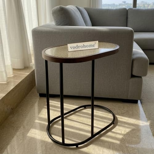 Image of Charcoal Rattan Cane Side Table with Glass top - Bohemian Solid Mango Wood Cane Iron Sofa Side end Table - Wood and Cane Nesting Table S#047 (Honey 1)