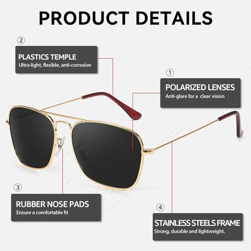 Image of SIPHEW Polarized Square Aviator Sunglasses for Men, Retro Double Bridge Metal Frame, UV400 Protection for Outdoor /Driving