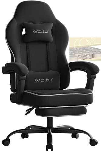 WOLTU Gaming Stuhl Stoff mit Bequemlichkeit Federunterlage, Kühl im Sommer, Gamer Chair Sessel Hohe Belastbarkeit ergonomischer mit Kopfkissen, Lendenkissen, Fußstütze, Tech-Stoff, Schwarz