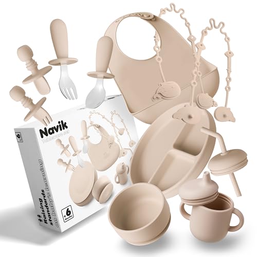 Navik | Coffret repas bebe 12 pièces | Assiette ventouse pour bébé | Tasse apprentissage bebe | Bol et bavoir | Couverts bébés | Beige