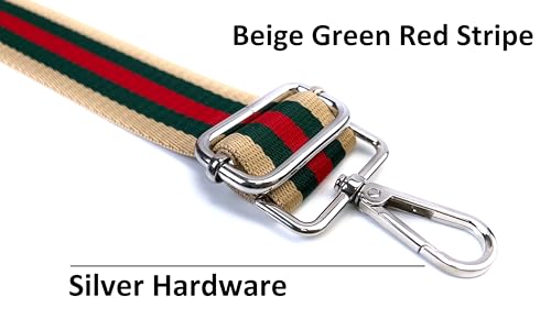 Image of Beige Green Red Stripe Purse Strap with Silver Hardware 1-1 /2 Inch Wide Replacement Crossbody Guitar Style Shoulder Strap for Handbags Totes