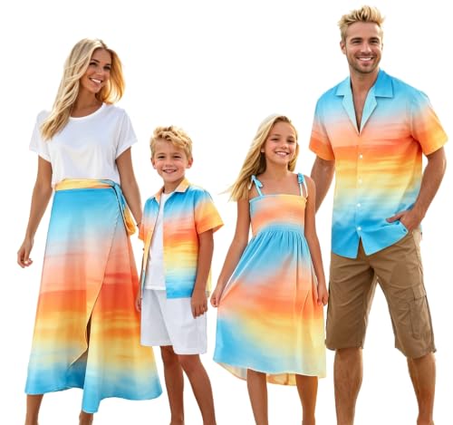 Image of Cromoncent Matching Hawaiian Outfits for Family, Dad and Son Matching Luau Beach Tropical Shirts Mommy Daughter Tropical Sets