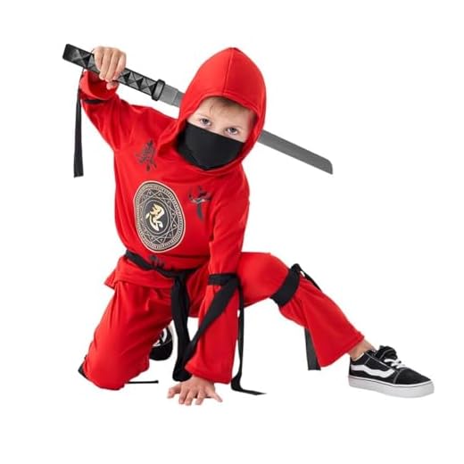 Udekit Disfraz de Ninja rojo con pantalón con capucha, cintas y espada de juguete para niños, fiesta de disfraces, Halloween, de 6 a 8 años