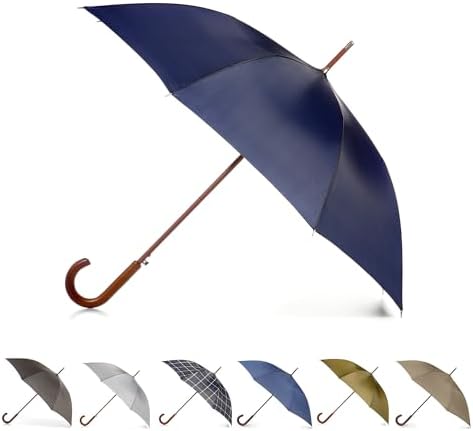 Totes Eco Auto Open Wooden Handle J Stick Umbrella, Black Grey Orange Stripe, Black Grey Orange Stripe, One Size