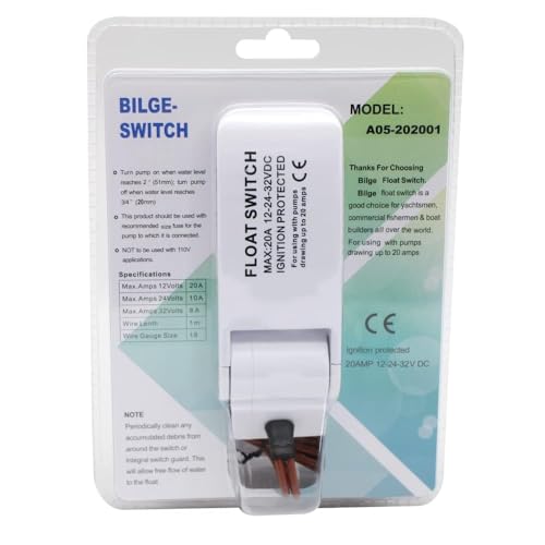 AIRTAK 12V 24V 32V Automatic Bilge Pump Float Switch, 51mm/20mm Water Level Sensor, 20A Max, 18AWG 1M Wire, Marine Float Switch for Boat Bilge Pumps, Ponds, Pools