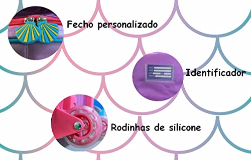 Mochila Escolar Infantil Menina Sereia Rodinha Costas Lancheira Estojo 3d Alto Relevo