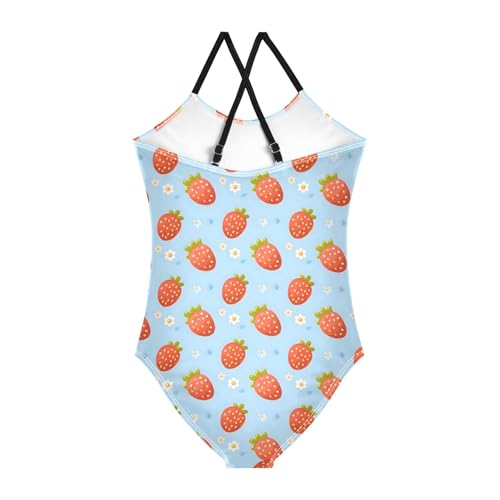 senya Girls Swimsuits One-Piece Swimwear Tie Bathing Suit Beach Summer Round Neck 4T Strawberries Daisies On Blue2