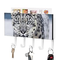 Blue Eyed Snow Leopard Key Holder Rack Hanger Wall Mount Decorative Mail Holder with 5 Hooks Mail Organizer Wall Mounted Adhesive Coat & Key Hooks for Wall Entryway Hallway Kitchen Easy Installation