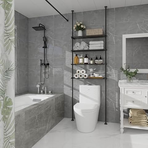 DYN Ptah 4-Tier Adjustable Metal Bathroom Shelves, Over Toilet Storage Organizer for Small Spaces, 65 to 116 Inch Tall, Black Cover