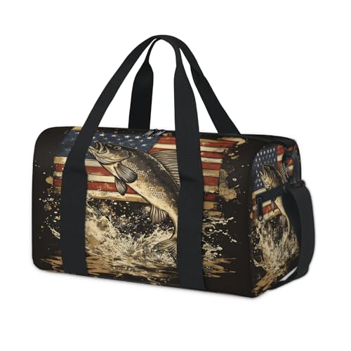 Gym Bag for Women Men, Bass Fish Independence Day Flag Travel Duffle Tote Bag, Waterproof Sports Tote Bags, Large Overnight Weekender Bags for Yoga Dance