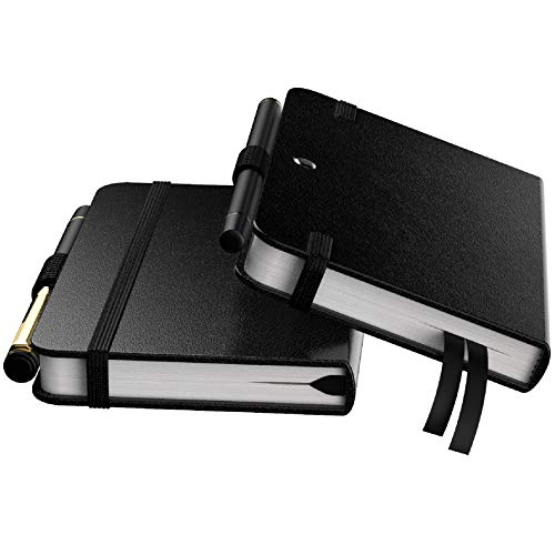 Pocket Size Notebook with Pen (2 PACK) ? Small College Ruled Leather Journal ? Mini Notepad with Reinforced Pen Holder, 2 Bookmarks, Elastic Closure & 150gsm Inner Pockets & 100gsm Thick Lined Paper