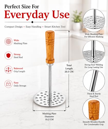 Image of Ajay's Shoppe Heavy Duty Stainless Steel Potato Masher 20.5 CM | 10.2 CM Wide Base Pav Bhaji Masher with Wooden Handle for Kitchen Use