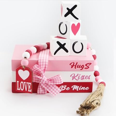 Vanleonet Valentines Day Decor,8 Pcs Valentines Day Tiered Tray Decor Book Stacks Wood Signs, Hug XOXO Kiss Decorative Books Bundle, Coffee Table, Fireplace Mantel, Shelf - Farmhouse Valentine Decor Indoor Cover