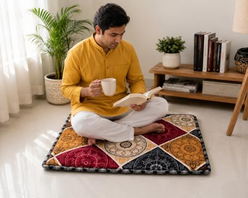 Image of K25 Cotton Floor Sitting Mat with High-Density Foam | Lightweight Reversible Portable Meditation Mat (Size: 22x18x0.8 Inch, Multicolor)