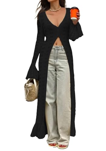 NRTHYE Women Long Crochet Cardigans Button up Knit Hollow Out Elegant Duster Sweaters Cover Up Maxi Dress