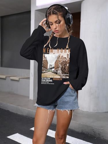Image of CHKOKKO Oversized Round Neck Drop Shoulder Printed Polyester Full Sleeves T-Shirt for Women