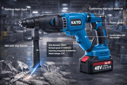 Image of KAITO 28mm 48V Cordless Rotary Hammer Drill | SDS Plus | Brushless Motor | 2 x 5.0Ah Batteries & Fast Charger | 3 Modes: Drill, Hammer & Chisel | Heavy-Duty Concrete Drilling Machine