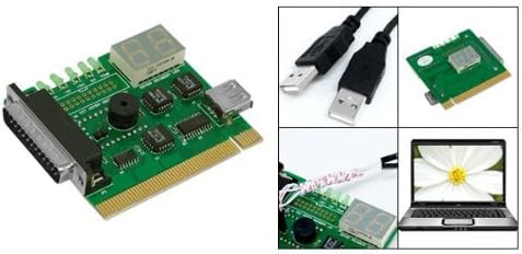 Components of the STP diagnostic card kit, including the card, USB cables, and a laptop.