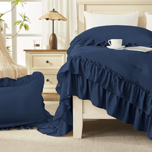 Image of Andency Navy Blue King Comforter Set (104x90Inch), 3 Pieces Ruffle Comforter Set with 2 Pillowcases, Farmhouse Shabby Chic Lightweight Fluffy Soft Polyester All Season Bed Set