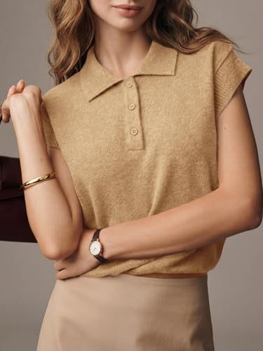 Image of Saodimallsu Womens Cap Short Sleeve Sweater Top Summer Polo Shirts Button Collared Knit Business Casual Pullover Sweater