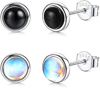 CASSIECA 925 Sterling Silver Moonstone Stud Earrings Natural Round Gemstones Earrings for Women Amethyst Green Peridot Stud Earrings Hypoallergenic Halo Earrings Set For Girls Kids Toddlers