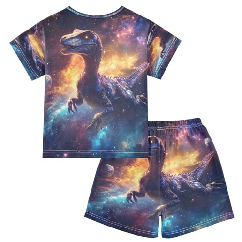 ALAZA Dinosaur Space Galaxy Starry Sky Pajamas Set Short Sleeve Cotton Sleepwear Summer Pjs 2 Piece 5-14Y2