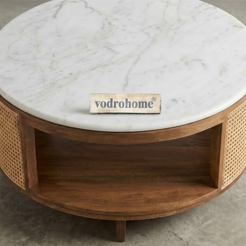 Image of Cane Solid Wood Coffee Table with Marble top- Rattan Round Centre Table with Storage - Ideal Tea Table for Living Rooms C#040
