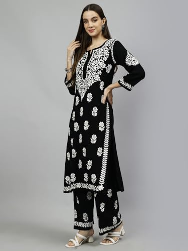 Image of Seva Chikan Hand Embroidered Lucknowi Chikankari Rayon Kurta and Palazzo Set SCL8037