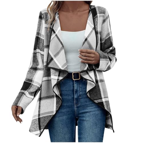 Plaid Jacket for Woman Open Front Waterfall Collar Asymmetrical Coat Casual Business Jackets Fall Spring Outfis Trendy