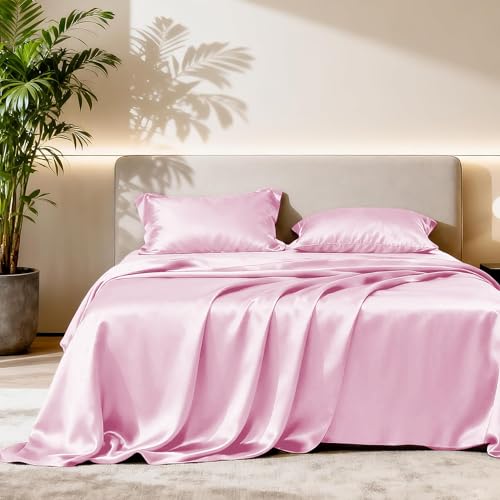 Image of Soft and Silk Satin Bedsheet for Single Bed - 400 TC Romantic Bedsheet Set for Bedroom | Bridal Wedding Bedsheet with Pillow Cover | Ideal for Gifting Baby Pink, Single Bed