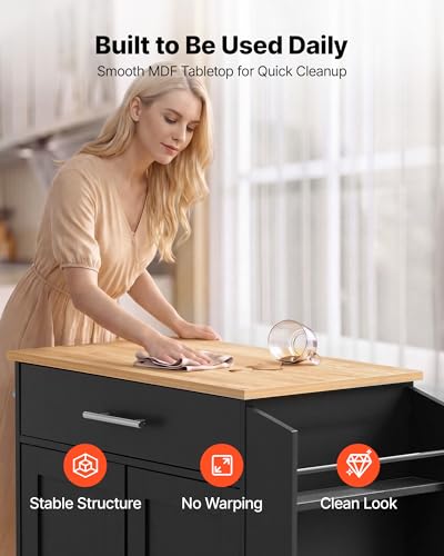 VEVOR Kitchen Island Cart with Storage, 31.3 in Wide Mobile Rolling Storage Island on Swivel Wheels, with Drawer, Storage Cabinet, Spice/Towel Rack, Table for Home Dining Room, Black - image 6