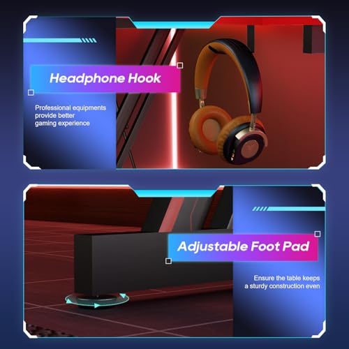 Image of BestOffice 39 inch Gaming Desk Computer Gaming Desk Z Shaped Gaming Workstation Ergonomic Gaming Table with Headphone Hook for Game Players,Black&Red