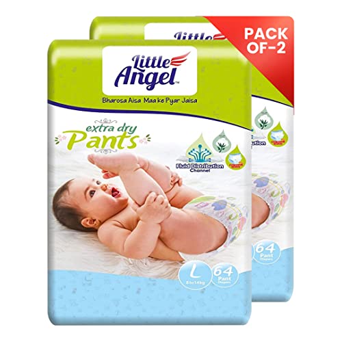 Image of Little Angel Extra Dry Baby Pants Diaper, Large (L) Size, 128 Count, Super Absorbent Core Up to 12 Hrs Protection & Wetness Indicator, 8-14kg (64 count /pack, Pack of 6)