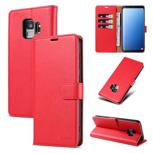 STAWLKA Case for Samsung Galaxy S9, Premium PU Leather Flip Magnetic Buckle Wallet Case Kickstand Blocking RFID Shockproof Protective Phone Cover for Samsung Galaxy S9 - Red