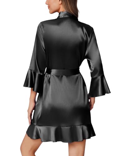 Image of Ekouaer Women's Satin Robe Short Ruffle Hem Silky Kimono Brides Bathrobes