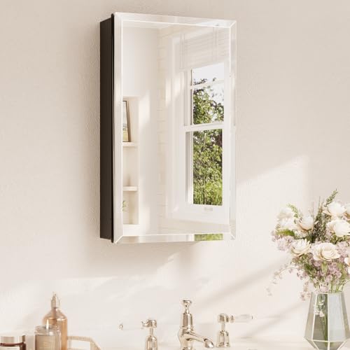 TETOTE 14 x 24 Medicine Cabinet with Tempered Beveled Mirror Black Aluminum Cabinet DTC Hinges, Stepless Adjustable Shelves, Recessed/Surface-Mounted