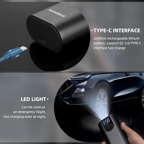 Image of ROCKBROS Air Pump Portable Cordless Tire Inflator 150 PSI 2600mAh Battery Powered Air Compressor with Tire Pressure Gauge for Car,Bicycle, Motorcycle, Ball and More
