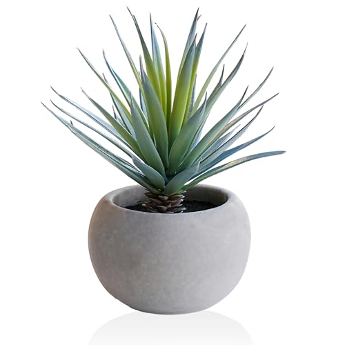 JaHe Artisan Fake Agave Succulent in Cement Pot, 7.87” Potted Modern Artificial Agave Faux Realistic Greenery Plant for Home Office Desk Bathroom Livingroom Shelf Decor, Table Centerpieces, Set of 1