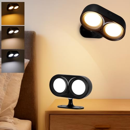Aplique LED de Interior a Pilas, 3 Modos de Color Regulables Lámpara de Mesita de Noche Negra, Aplique de Pared Giratorio de 360 °, Inalámbrico, para Dormitorio, Pasillo, Escaleras, Salón - 3000 mAh