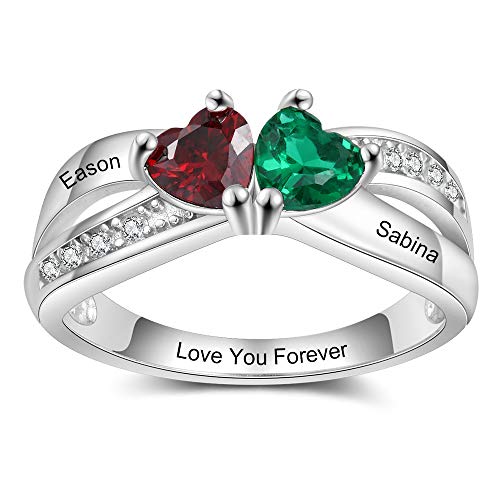 ROSI 925 Sterling Silver Personalized Engagement Rings for Women 2 Simulated Birthstones Promise Rings for Her Mothers Name Rings Mother's Day Rings for Mom (Style 1, 7)
