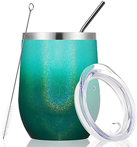 MEWAY Stemless 12oz Wine Tumbler Glasses with Lid -Insulated Double Wall Vacuum Stainless Steel Glitter Tumbler with Straw ,Gift for Woman Under 10 dollars(Gradient Blue,1)